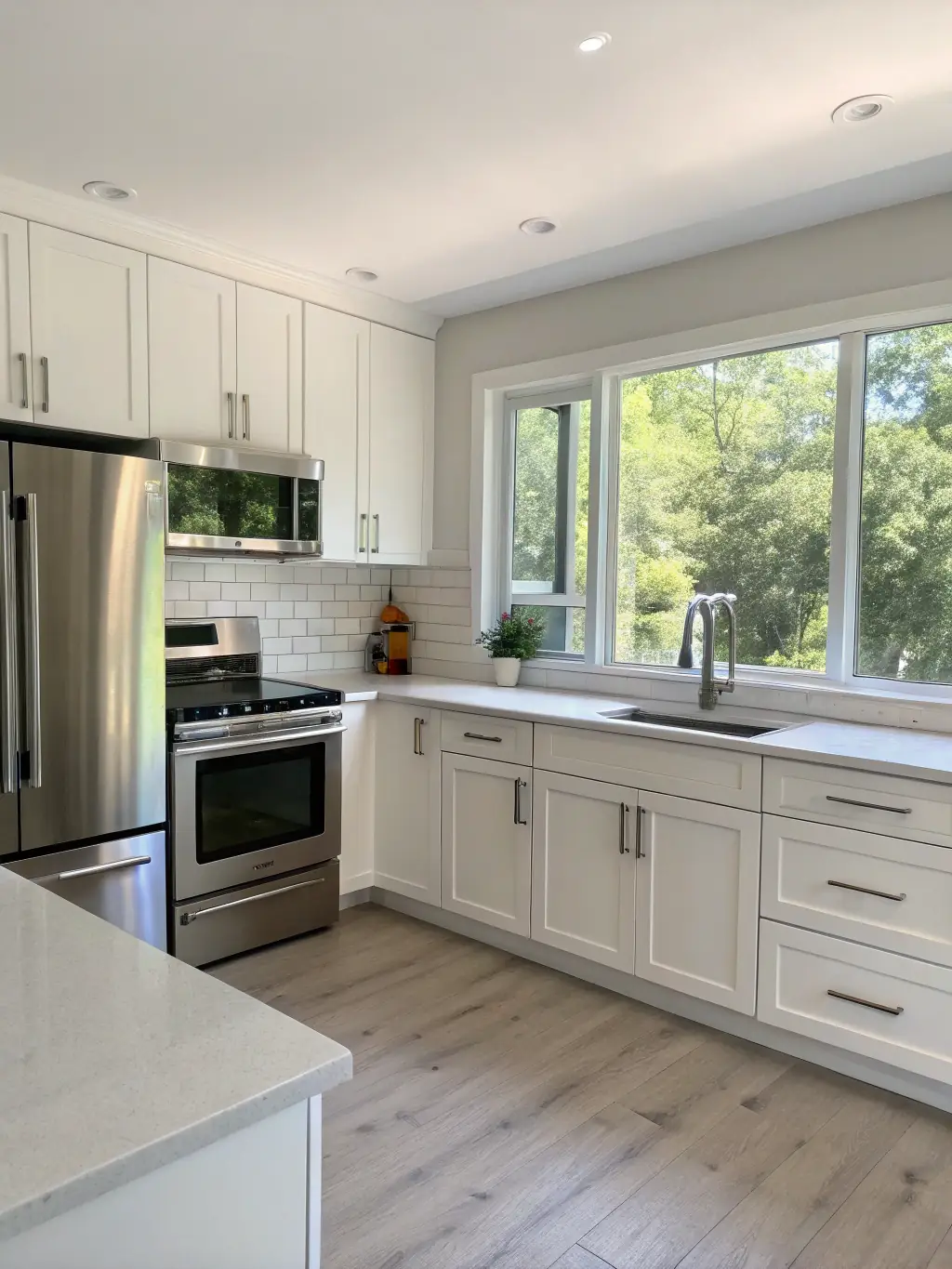 A bright, modern kitchen with sleek white cabinets, stainless steel appliances, and a large island, showcasing a recent kitchen renovation by SwiftBuild Pros™.