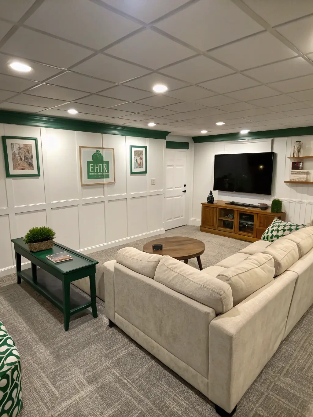 A cozy finished basement with a home theater setup, including comfortable seating, a large screen, and custom lighting, demonstrating SwiftBuild Pros™'s basement finishing capabilities.