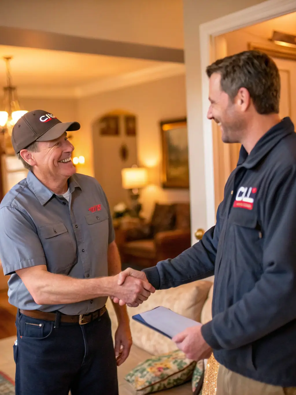 A professional contractor in a SwiftBuild Pros™ branded shirt, smiling and shaking hands with a satisfied homeowner in a newly renovated kitchen, symbolizing trust and reliability.