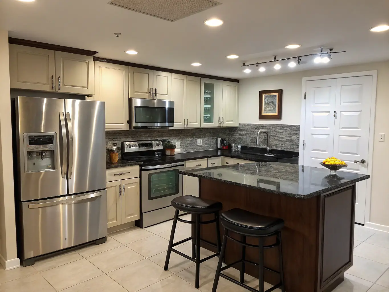 A modern, renovated kitchen with stainless steel appliances, granite countertops, and custom cabinetry, showcasing SwiftBuild Pros™'s expertise in kitchen renovations.