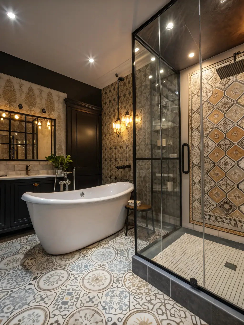 A luxurious bathroom featuring a walk-in glass shower, a freestanding soaking tub, and elegant marble tiling, reflecting SwiftBuild Pros™'s bathroom remodeling expertise.