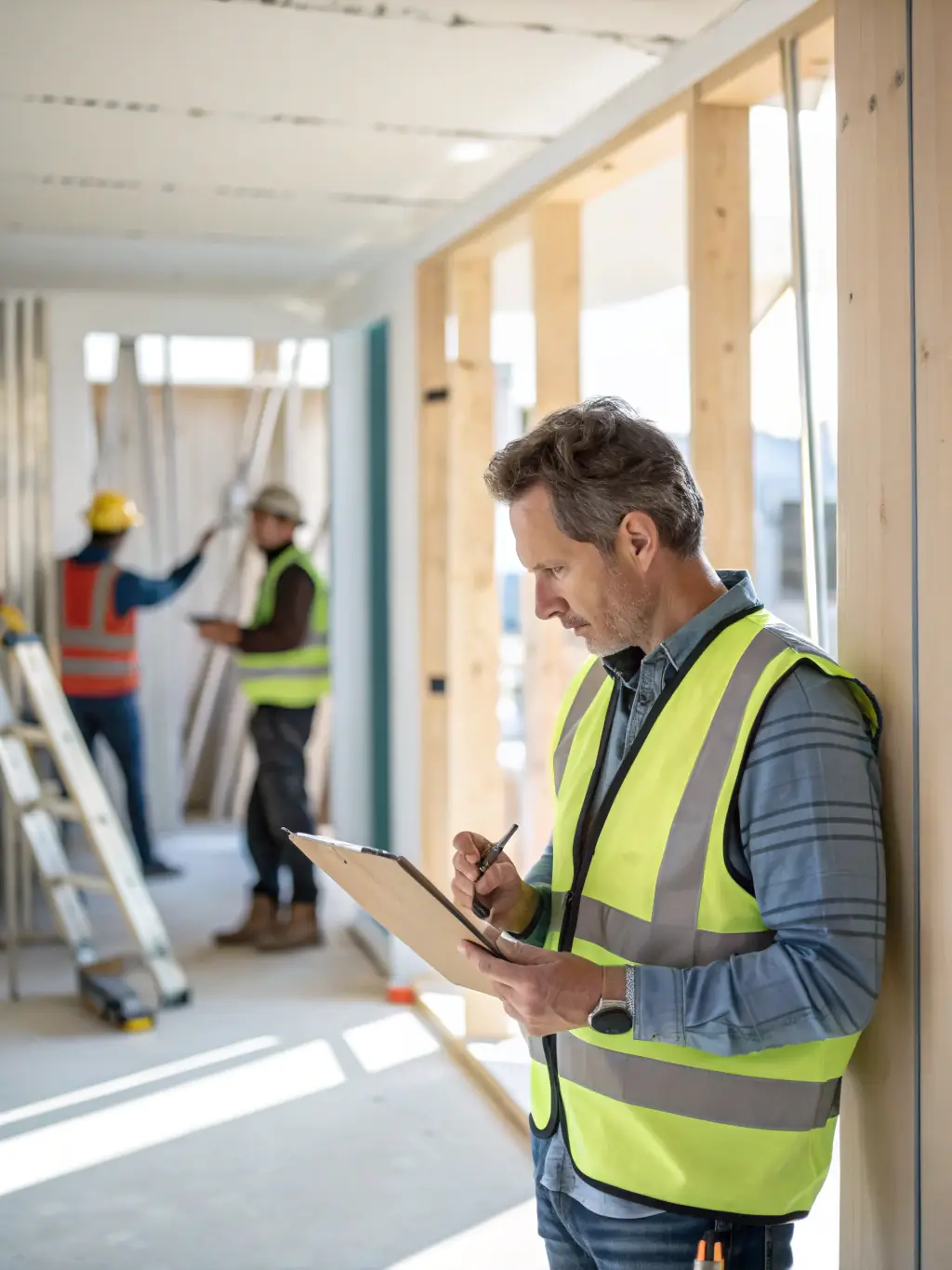 A project manager overseeing a renovation site, using a tablet to coordinate tasks and communicate with the team, ensuring smooth project execution.