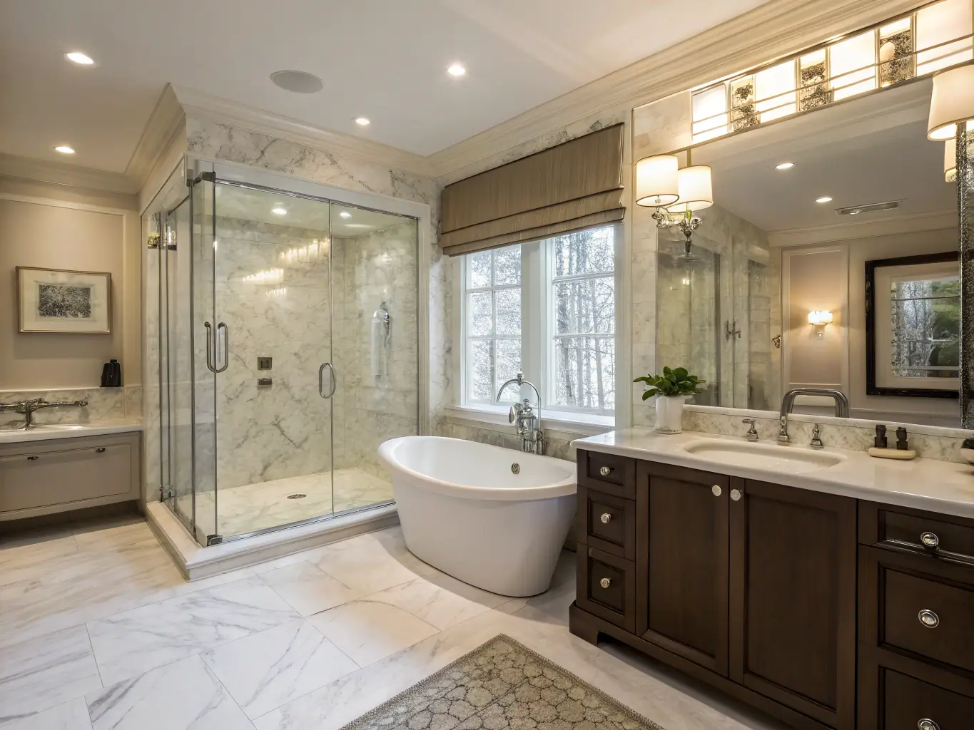 A luxurious bathroom featuring a walk-in shower, freestanding tub, and elegant fixtures, reflecting SwiftBuild Pros™'s commitment to quality bathroom remodeling.